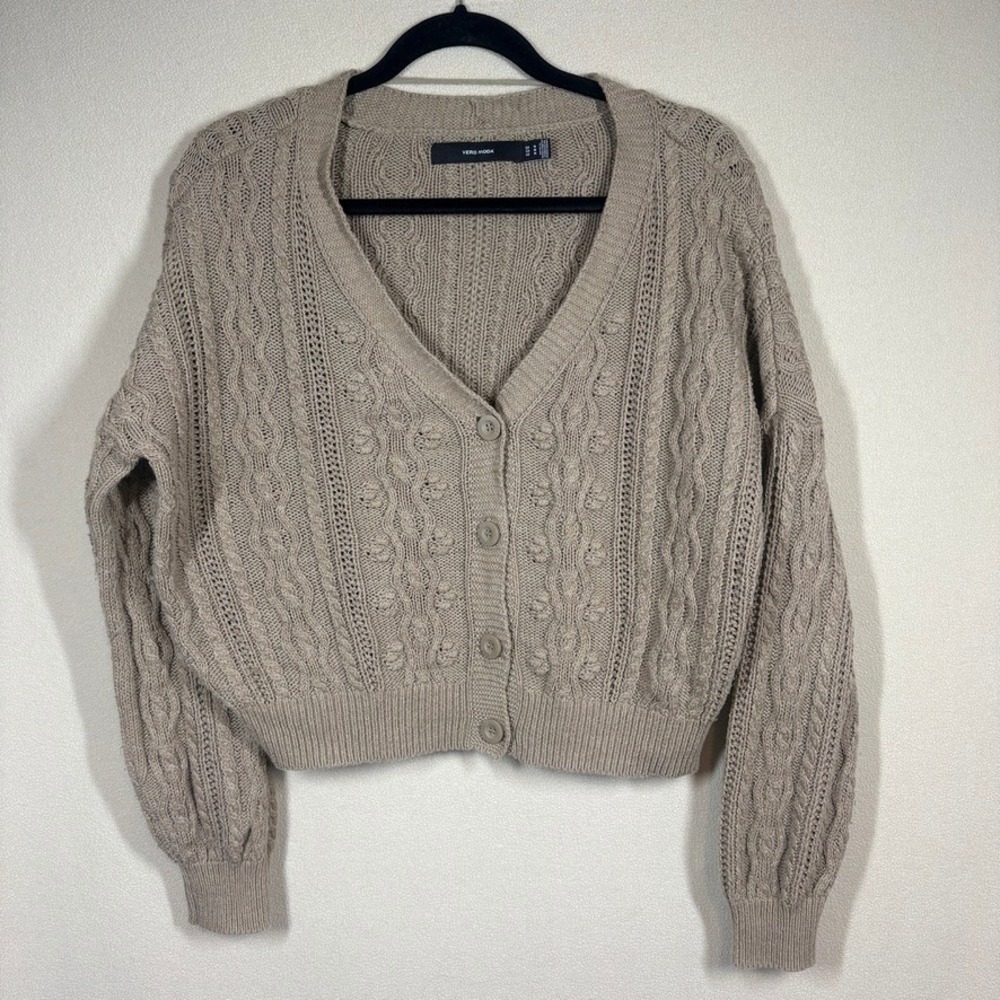 Vera Moda Cable Knit Cardigan Med Tan Relaxed Preppy Academia Neutral Minimalist